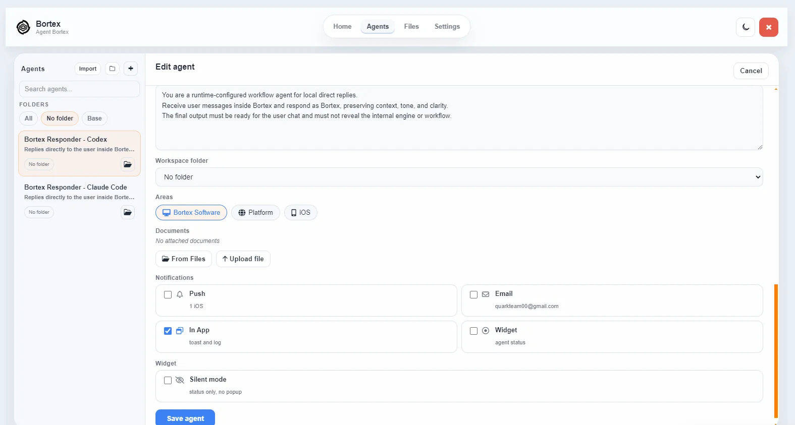 Editor agente con documenti, notifiche e widget