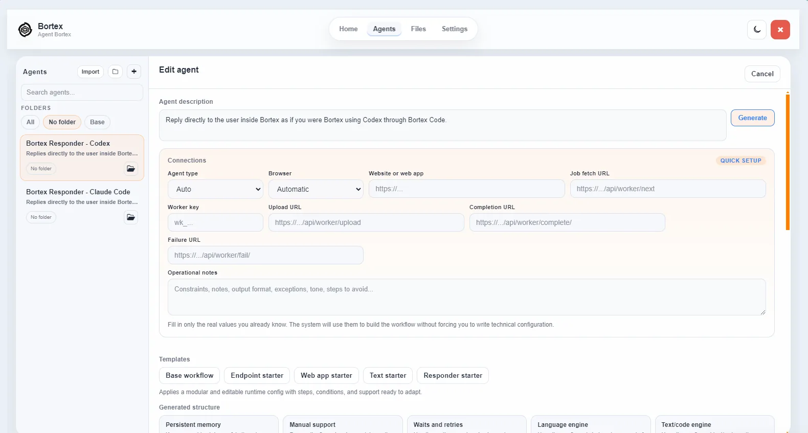 Editor Agents con descrizione, connessioni e template