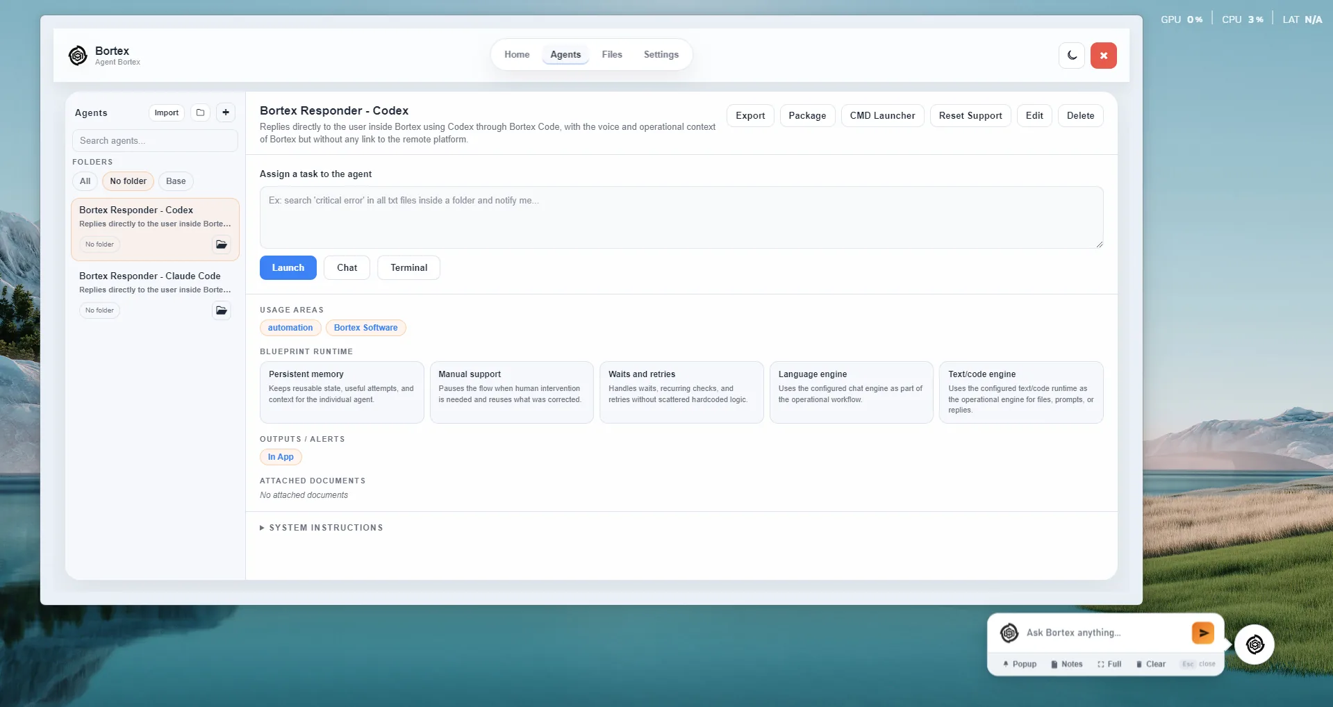 Bortex Desktop aperto sulla tab Agents