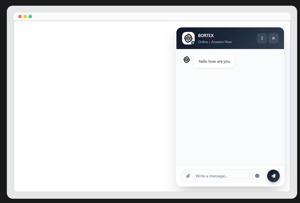 Widget di chat Bortex aperto su un sito in area di anteprima