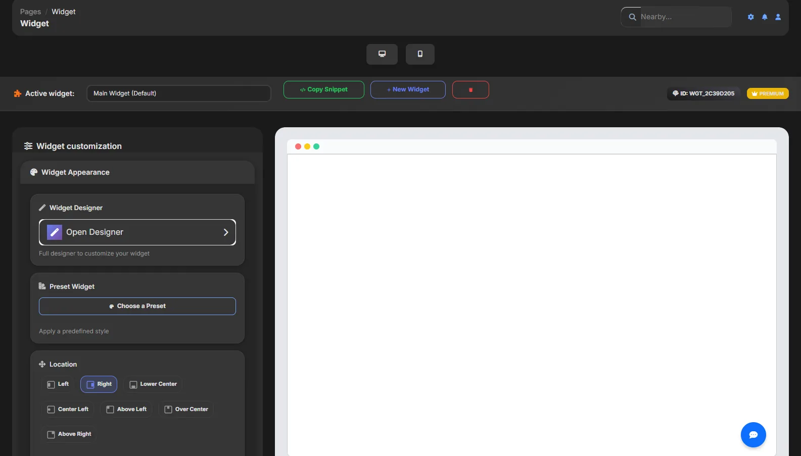 Snippet JavaScript di integrazione del widget Bortex copiato dalla dashboard